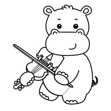 Tatlı su aygırı ikonu. Komik bebek su aygırı hayvan serisi illüstrasyonu. Kabarık su aygırlarının hayatı. Keman çalan su aygırının taslağı