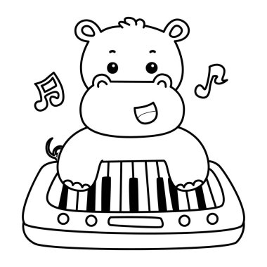 Tatlı su aygırı ikonu. Komik bebek su aygırı hayvan serisi illüstrasyonu. Kabarık su aygırlarının hayatı. Piyano çalan su aygırının taslağı