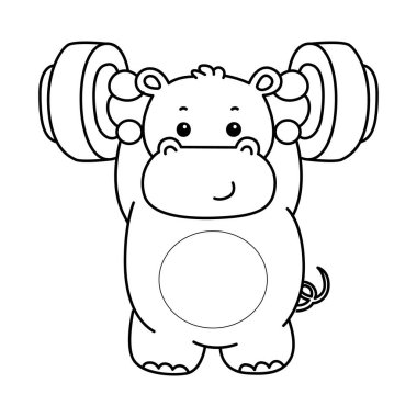 Tatlı su aygırı ikonu. Komik bebek su aygırı hayvan serisi illüstrasyonu. Kabarık su aygırlarının hayatı. Bir dambılı kaldıran su aygırının ana hatları