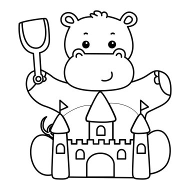 Tatlı su aygırı ikonu. Komik bebek su aygırı hayvan serisi illüstrasyonu. Kabarık su aygırlarının hayatı. Kumdan bir kalede oynayan su aygırının taslağı.