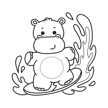 Tatlı su aygırı ikonu. Komik bebek su aygırı hayvan serisi illüstrasyonu. Kabarık su aygırlarının hayatı. Sörf yapan su aygırının taslağı.