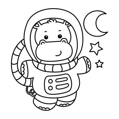 Tatlı su aygırı ikonu. Komik bebek su aygırı hayvan serisi illüstrasyonu. Kabarık su aygırlarının hayatı. Astronot kostümü giymiş bir suaygırı tasviri