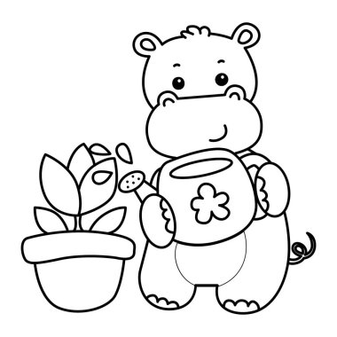 Tatlı su aygırı ikonu. Komik bebek su aygırı hayvan serisi illüstrasyonu. Kabarık su aygırlarının hayatı. Bir lale çiçeğini sulayan su aygırının ana hatları