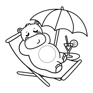 Tatlı su aygırı ikonu. Komik bebek su aygırı hayvan serisi illüstrasyonu. Kabarık su aygırlarının hayatı. Sahilde yatan su aygırının ana hatları.