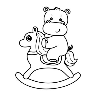 Tatlı su aygırı ikonu. Komik bebek su aygırı hayvan serisi illüstrasyonu. Kabarık su aygırlarının hayatı. Kayalık bir ata binen su aygırının taslağı.