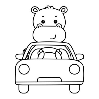 Tatlı su aygırı ikonu. Komik bebek su aygırı hayvan serisi illüstrasyonu. Kabarık su aygırlarının hayatı. Araba süren su aygırının taslağı.