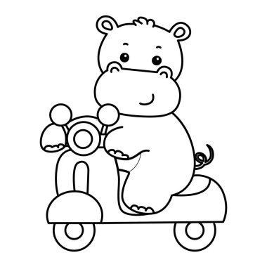 Tatlı su aygırı ikonu. Komik bebek su aygırı hayvan serisi illüstrasyonu. Kabarık su aygırlarının hayatı. Mobilete binen su aygırının taslağı.