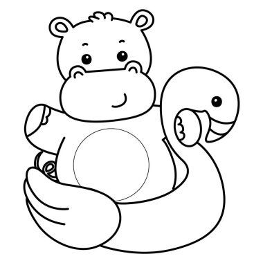 Tatlı su aygırı ikonu. Komik bebek su aygırı hayvan serisi illüstrasyonu. Kabarık su aygırlarının hayatı. Flamingo lastiğine takılmış su aygırının ana hatları