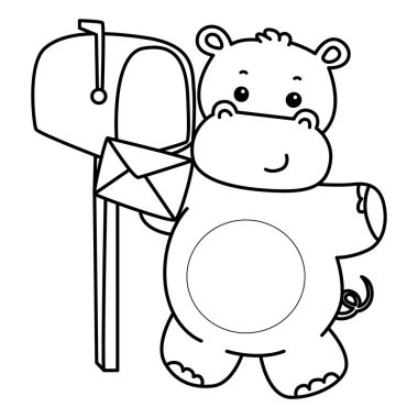 Tatlı su aygırı ikonu. Komik bebek su aygırı hayvan serisi illüstrasyonu. Kabarık su aygırlarının hayatı. Posta kutusuyla mesaj gönderen su aygırının ana hatları