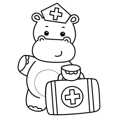 Tatlı su aygırı ikonu. Komik bebek su aygırı hayvan serisi illüstrasyonu. Kabarık su aygırlarının hayatı. Hipopotam çizgisi ilk yardım çantası getirin.