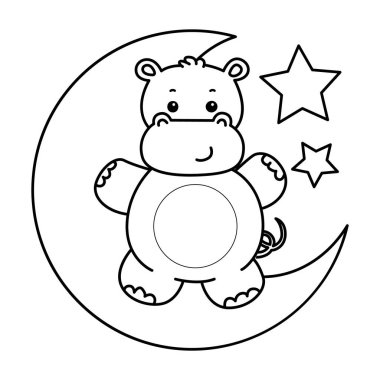 Tatlı su aygırı ikonu. Komik bebek su aygırı hayvan serisi illüstrasyonu. Kabarık su aygırlarının hayatı. Ayda duran su aygırının ana hatları