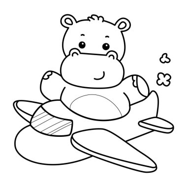 Tatlı su aygırı ikonu. Komik bebek su aygırı hayvan serisi illüstrasyonu. Kabarık su aygırlarının hayatı. Uçağa binen su aygırının taslağı.