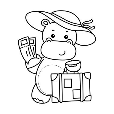 Tatlı su aygırı ikonu. Komik bebek su aygırı hayvan serisi illüstrasyonu. Kabarık su aygırlarının hayatı. Hipopotam çizgisi, seyahat çantası getir.