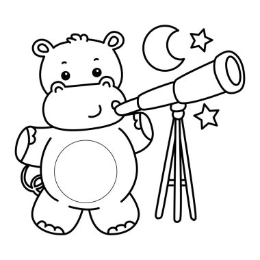 Tatlı su aygırı ikonu. Komik bebek su aygırı hayvan serisi illüstrasyonu. Kabarık su aygırlarının hayatı. Su aygırının ana hatları Ay 'ı teleskopla görüyor