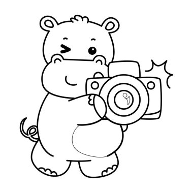 Tatlı su aygırı ikonu. Komik bebek su aygırı hayvan serisi illüstrasyonu. Kabarık su aygırlarının hayatı. Su aygırının ana hatları kameraya tıklanıyor