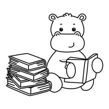 Tatlı su aygırı ikonu. Komik bebek su aygırı hayvan serisi illüstrasyonu. Kabarık su aygırlarının hayatı. Bir kitap okuyan su aygırının ana hatları