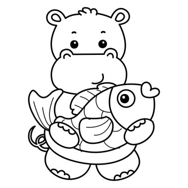 Tatlı su aygırı ikonu. Komik bebek su aygırı hayvan serisi illüstrasyonu. Kabarık su aygırlarının hayatı. Hipopotam çizgisi altın bir balık getirir.