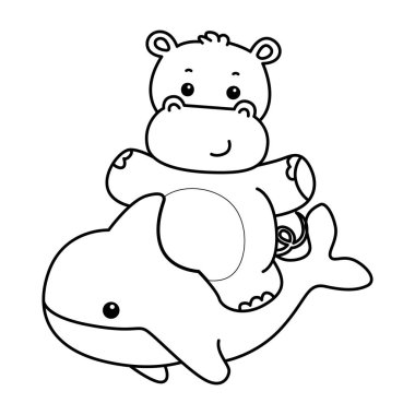 Tatlı su aygırı ikonu. Komik bebek su aygırı hayvan serisi illüstrasyonu. Kabarık su aygırlarının hayatı. Köpekbalığına binen su aygırının taslağı.