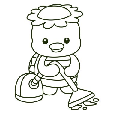 Kawaii Japon mitolojisi Kappa çıkartması şirin. Kappa 'nın elektrik süpürgesiyle yerleri temizlemesi.