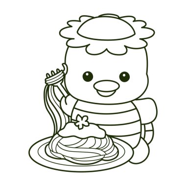 Kawaii Japon mitolojisi Kappa çıkartması şirin. Kappa çizgisi spagetti yemek istiyor. 