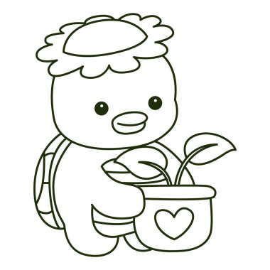 Kawaii Japon mitolojisi Kappa çıkartması şirin. Kappa taslağı çömleğe bir yaprak getirir.