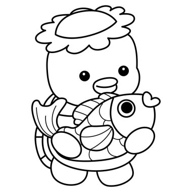 Kawaii Japon mitolojisi Kappa çıkartması şirin. Kappa 'nın ana hatları altın bir balık getirir.