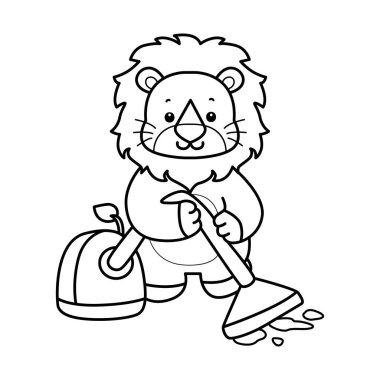 Sevimli aslanların boyama sayfaları. Elektrik süpürgesiyle zemini temizleyen aslanın ana hatları.