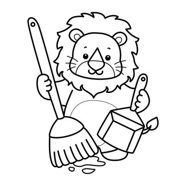 Sevimli aslanların boyama sayfaları. Yerleri süpürge ve toz beziyle temizleyen aslanın ana hatları