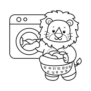 Sevimli aslanların boyama sayfaları. Çamaşır makinesinde çamaşır yıkayan aslanın ana hatları.