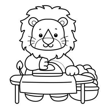 Sevimli aslanların boyama sayfaları. Elbiseleri ütüleyen aslanın taslağı.