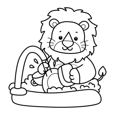 Sevimli aslanların boyama sayfaları. Lavabodaki tabağı temizleyen aslan çizgisi.