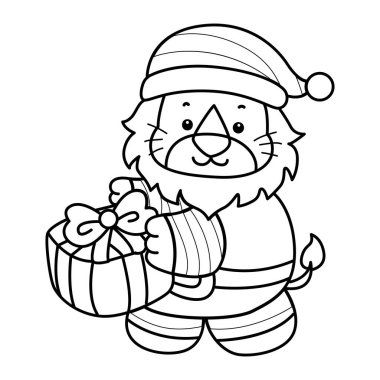 Şirin Aslan Noel vektör ikonu. Komik bebek aslan hayvan serisi Noel illüstrasyonu. Cüce aslanın ana hatları bir hediye kutusu getir.