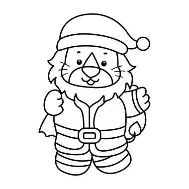 Şirin Aslan Noel vektör ikonu. Komik bebek aslan hayvan serisi Noel illüstrasyonu. Noel Baba Aslanı 'nın ana hatları bir sürü hediye getiriyor.