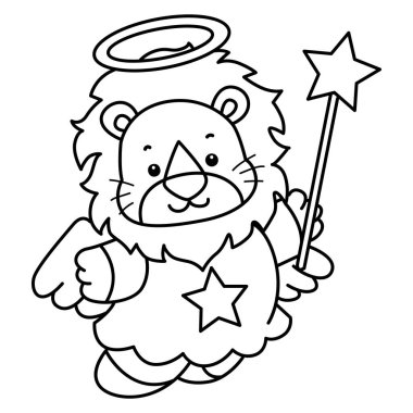 Şirin Aslan Noel vektör ikonu. Komik bebek aslan hayvan serisi Noel illüstrasyonu. Peri gibi aslanın dış hatları 