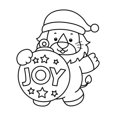 Şirin Aslan Noel vektör ikonu. Komik bebek aslan hayvan serisi Noel illüstrasyonu. Noel Baba Aslanı 'nın ana hatları neşe dekoru getirir.