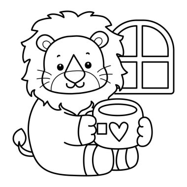 Sevimli aslanların boyama sayfaları. Aslan çizgisi sıcak çay getir.