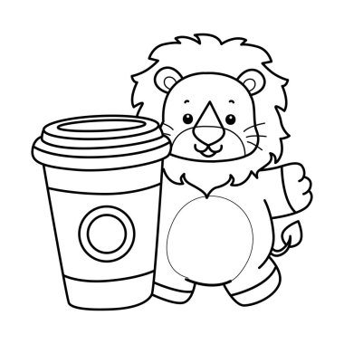 Sevimli aslanların boyama sayfaları. Aslan çizgisi, bir fincan kahve getir.