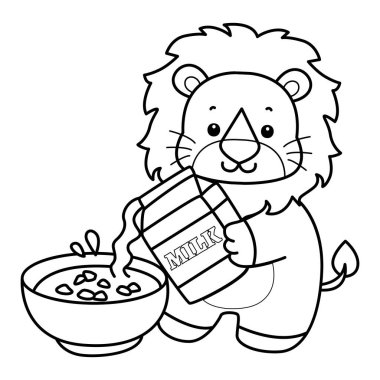 Sevimli aslanların boyama sayfaları. Tahıl kasesine süt döken aslanın ana hatları.