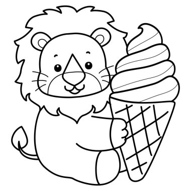 Sevimli aslanların boyama sayfaları. Aslanın ana hatları büyük bir dondurma getirir.