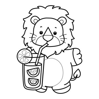 Sevimli aslanların boyama sayfaları. Aslan portakal suyu içiyor.