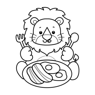 Sevimli aslanların boyama sayfaları. Aslanın dış hatları domuz pastırması ve yumurta yemek istiyor.