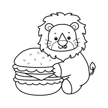 Sevimli aslanların boyama sayfaları. Aslan çizgisi, hamburger getir.