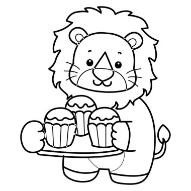 Sevimli aslanların boyama sayfaları. Aslanın dış hatları üç kap kek getiriyor.