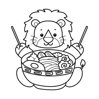 Sevimli aslanların boyama sayfaları. Aslanın ana hatları ramen yemek istiyor.