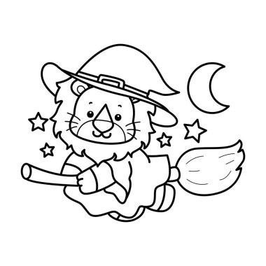 Sevimli aslanların boyama sayfaları. Süpürge sopasıyla uçan cadı aslanın ana hatları