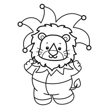 Sevimli aslanların boyama sayfaları. Palyaço kostümü giyen aslan çizgisi.