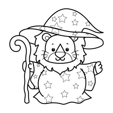 Sevimli aslanların boyama sayfaları. Cadı kostümü giymiş aslanın ana hatları ve bir sopa