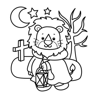 Sevimli aslanların boyama sayfaları. Kapüşonlu aslan çizgisi ve mezara bir lamba getir.