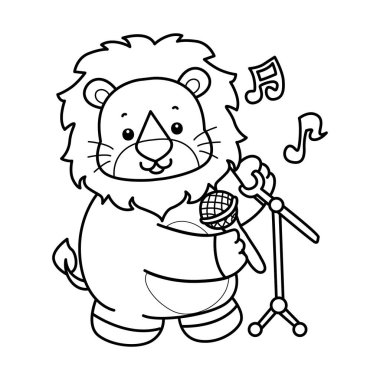 Sevimli aslanların boyama sayfaları. Aslanın ana hatları mikrofonla şarkı söylüyor.