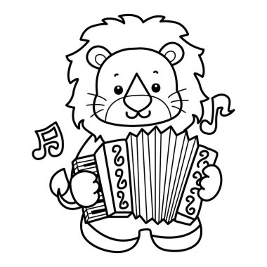 Sevimli aslanların boyama sayfaları. Akordeon çalan aslan çizgisi